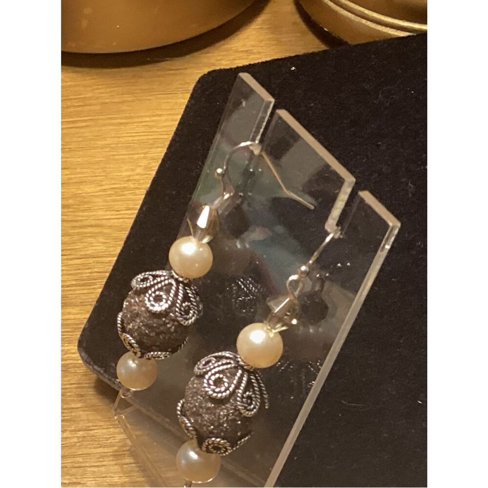 Silvertone and Faux Pearls Sparkle Earrings